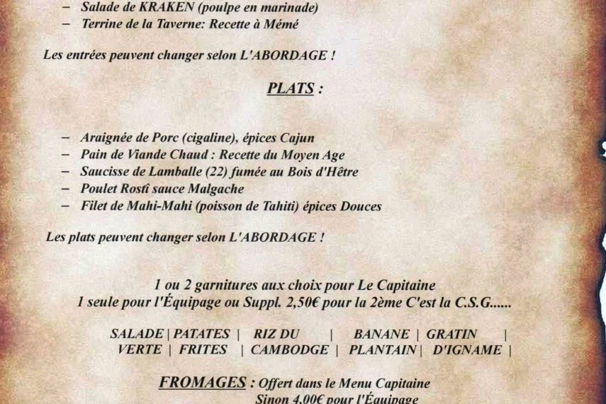 Aux Pirates de St-Malo Menu